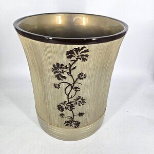 Ceramic Trash Garbage Can 10" Round Gold Brown Ribbed Floral Rustic Asian MCM